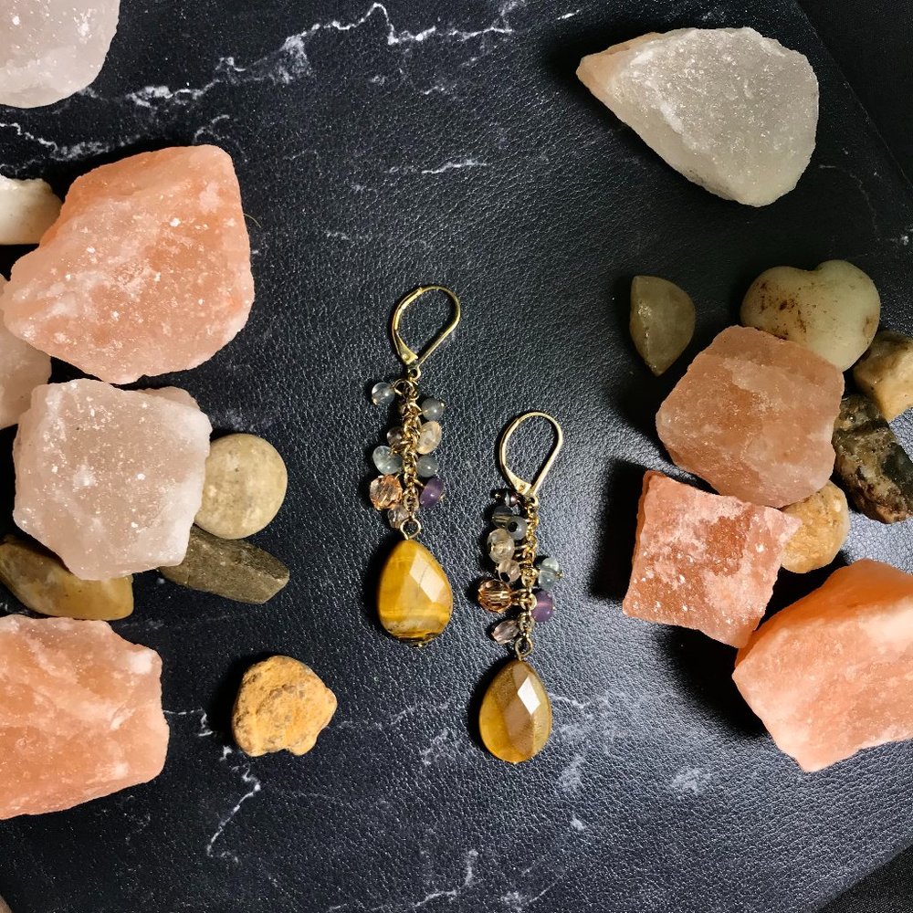 -Light Bronze & Crystal & Stone Dangling Earrings